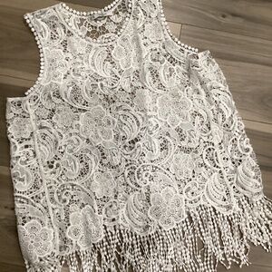 Grifflin Paris Womens Top Blouse White Size L Mesh Round Neck Beaded Sleeveless